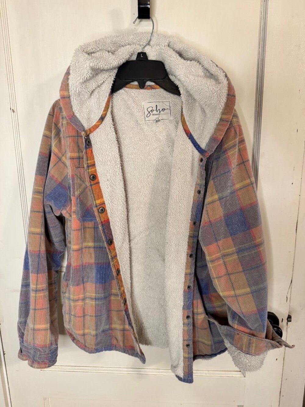 Soho Threads Plaid Corduroy Sherpa-Lined Hooded Shacket Sz XL